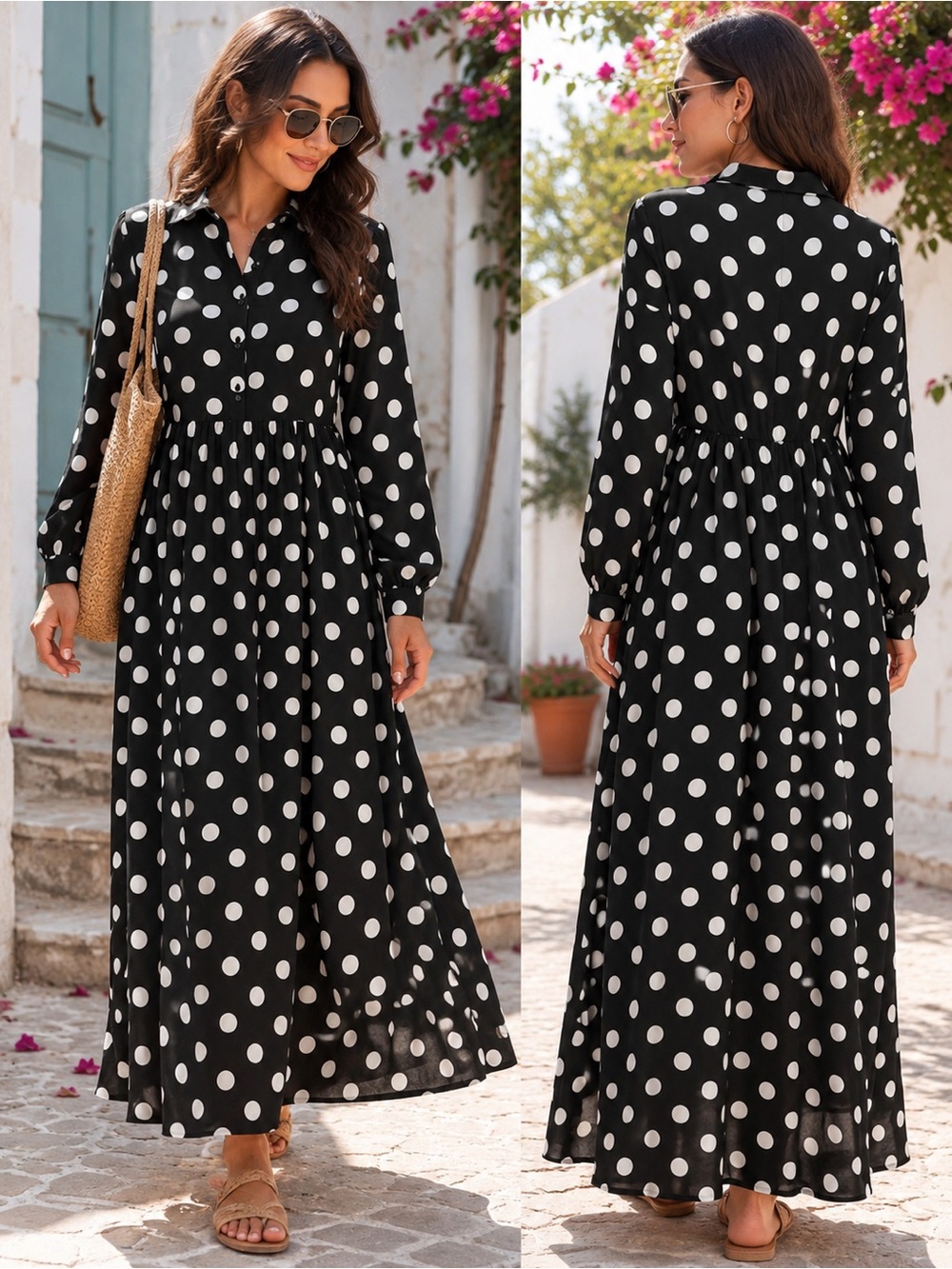 Elegant Black & White Polka Dot Long Sleeve Maxi Dress
